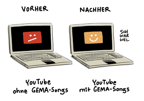 Cartoon: YouTube und GEMA (medium) by Schwarwel tagged youtube,gema,einigung,streit,recht,rechte,musik,musikvideos,google,lizenz,lizenzvertrag,videoplattform,video,plattform,karikatur,schwarwel,youtube,gema,einigung,streit,recht,rechte,musik,musikvideos,google,lizenz,lizenzvertrag,videoplattform,video,plattform,karikatur,schwarwel