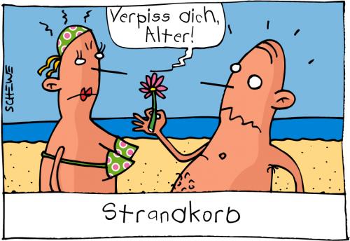 Cartoon: Strandkorb (medium) by Josef Schewe tagged schewe,mann,frau,man,woman,love,hope,beach,strand,summer,sommer,liebe,holydays,partnerschaft,beziehung,mann,frau,partnersuche,flirt,anmache,flirten,balz,balzverhalten,verhalten,korb,abfuhr,hormonoe,strand,urlaubsflirt,strandkorb