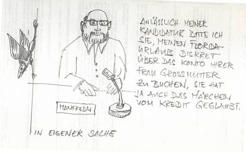 Cartoon: In eigener Sache (medium) by manfredw tagged manfredtv,wulff,hannover,klüngel,vertternwirtschaft,vetter,eitel,vereitelung,verurtelung,vorurteil,vorteil,kredit,bundespräsident,florida