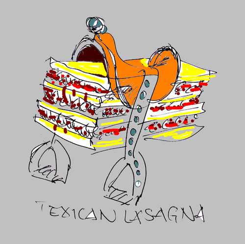 Cartoon: Lasagne (medium) by manfredw tagged ketchup,steigbügel,sattel,texanisch,exican,cheval,horse,tbeef,texas,betrug,fälschung,lasagne,draap,paard,pferd,hackfleisch,nudel,teig