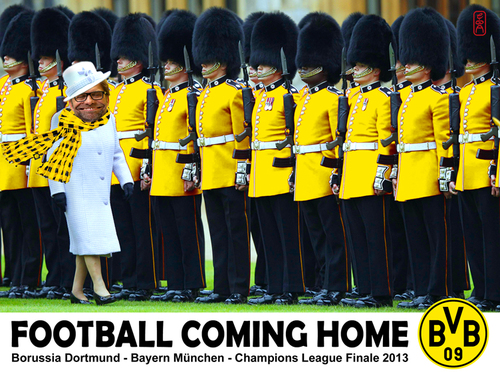 Cartoon: Football coming home (medium) by edda von sinnen tagged edda,walter,andi,zenf,zensenf,zenundsenf,cartoon,satire,composing,2013,finale,league,champions,münchen,bayern,dortmund,borussia,von,sinnen