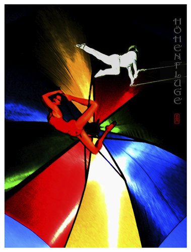Cartoon: Höhenflüge (medium) by edda von sinnen tagged walteredda,andi,zenf,zensenf,zenundsenf,off,kick,abflug,liebe,manege,trapez,artist,von,sinnen,illustration