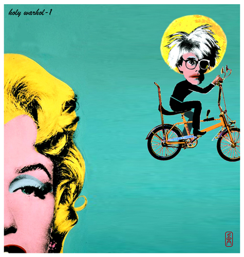 Cartoon: holy warhol (medium) by edda von sinnen tagged zensenf,zenundsenf,caricature,illustration,sinnen,von,edda,homage,art,pop,monroe,marilyn,warhol,andy,bicycles,on,artists,dead,great,zenf,andi,walter,composing