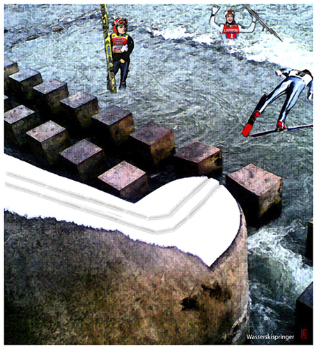 Cartoon: Wasserskispringer (medium) by edda von sinnen tagged waterski,springen,fliegen,klimaerwärmung,edda,von,sinnen,composing,illustration