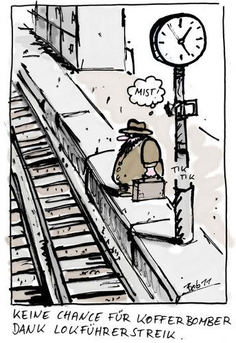 Cartoon: bahnstreik (medium) by bob tagged deutsche,bahn,streik,db,lok,lokführer,koffer,kofferbomber,bombe,bob,hack