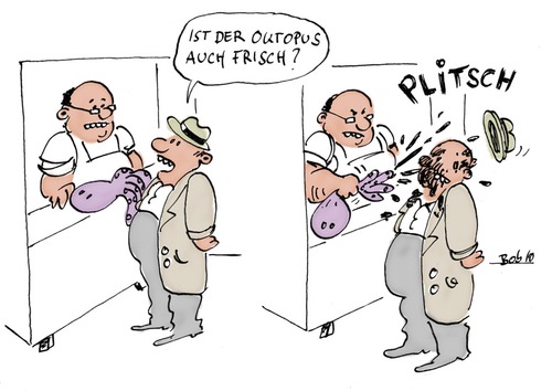 Cartoon: frischer Fisch (medium) by bob tagged oktopus,fisch,fischstand,markt,fischverkäufer,calamares