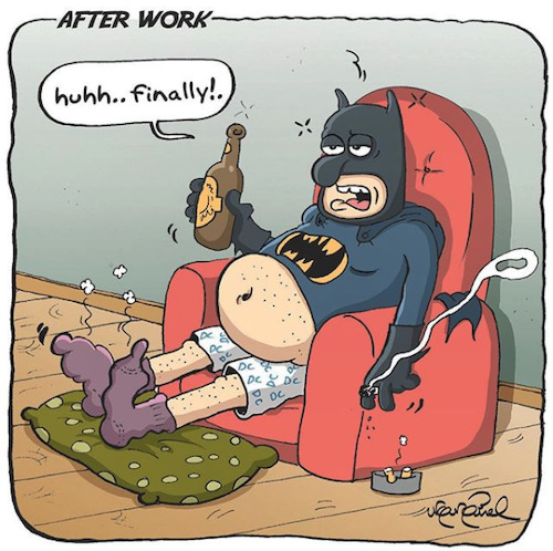 Cartoon: Batman (medium) by ugurgunel tagged work,batman,tired,drink,smoke,rest