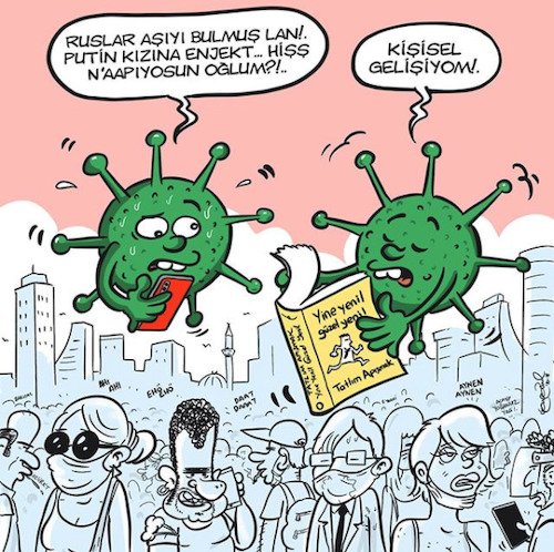 Cartoon: vaccines and viruses (medium) by ugurgunel tagged personal,development,grow,virus,covid,corona,putin,vaccine,people