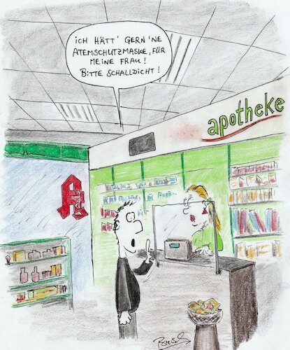 Cartoon: Atemschutzmaske (medium) by Busch Cartoons tagged maske,atemschutzmaske,corona,virus,pandemie,seuche,apotheke,frau,mann,ehe