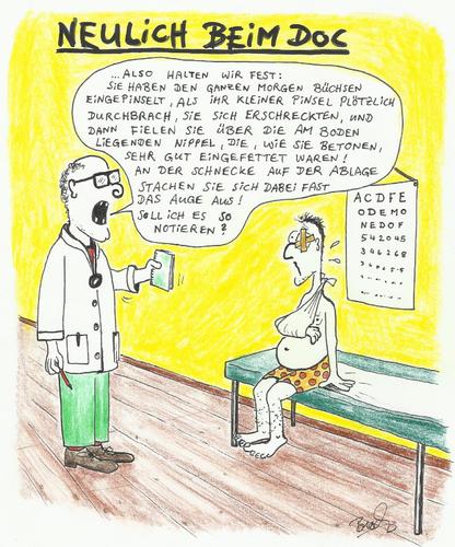 Cartoon: Der  Arbeitsunfall (medium) by Busch Cartoons tagged arbeitsunfall,doktor,patient,büchse,schnecke,nippel,fett,frauen,erklärung