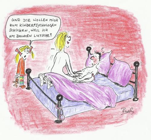 Cartoon: Kinder-Psycho (medium) by Busch Cartoons tagged psychologe,kinderpsychologe,eltern,kind,daumenlutschen,bett