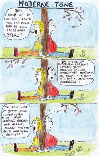 Cartoon: Moderne Töne (medium) by Busch Cartoons tagged modernisierung,frau,mann,tapete,anstrich,farbe,farbtöne,renovierung,baum,natur,frühling,hormone