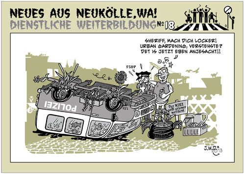Cartoon: BEGRÜNUNG (medium) by JWD tagged garten,stadt,urban,gardening,polizei,kontaktbereich,pflanze,salat,stadtgemüse,blumen,kiez,neukölln,berlin