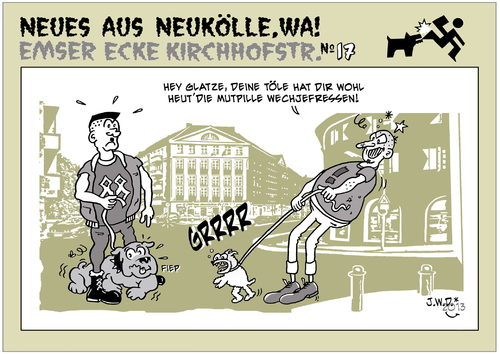 Cartoon: .....der will nur spielen (medium) by JWD tagged berlin,neukölln,kiez,stadtteil,rixdorf,jugend,alter,hunde,kampfhunde,nazis,rechte,npd,faschos,anti,demo,raus,haustiere,wg,wohnung,zimmer