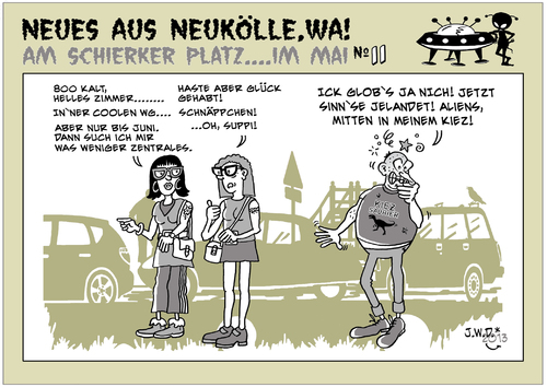 Cartoon: Gentrifizierung ? (medium) by JWD tagged berlin,neukölln,kiez,stadtteil,rixdorf,jugend,alter,aliens,außerirdische,ufo,miete,wg,miethaie,wohnung,zimmer