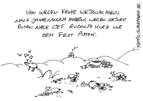 Cartoon: Amok Weihnachten (medium) by Matti tagged rudolph,red,nosed,reindeer,rentier,rote,nase,amok,massenmord,waffen,tote,blut,erschießen,weihnachten,geschenke,weihnachtsmann,nordpol,schlitten,schnee,besinnlich,romatik,matti,mattis,supermarkt