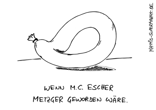 Cartoon: Eschers Wurst (medium) by Matti tagged maurits,cornelis,escher,unendlich,wurst,metzgerei,fleisch,schleife,matti,mattis,supermarkt,illusion,unmöglich,penrose,dreieck