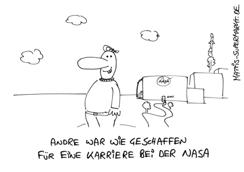 Cartoon: Nasa Nase (medium) by Matti tagged nasa,nase,raumfahrt,cape,canaveral,rakete,space,shuttle,arbeit,karriere,bewerber,bewerbung,assessment,center,matti,mattis,supermarkt