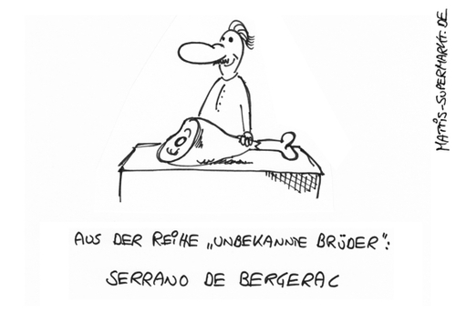 Cartoon: Serrano de Bergerac (medium) by Matti tagged frankreich,serrano,schinken,spanien,bruder,berühmt,cyrano,metzger,schriftsteller,matti,mattis,supermarkt