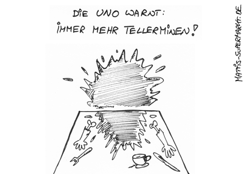 Cartoon: Tellerminen (medium) by Matti tagged uno,terllermine,explosion,blut,warnung,krisengebiet,krise,terrorismus,essen,besteck,teller,menü,tisch,wand,eingweide,matti,mattis,supermarkt