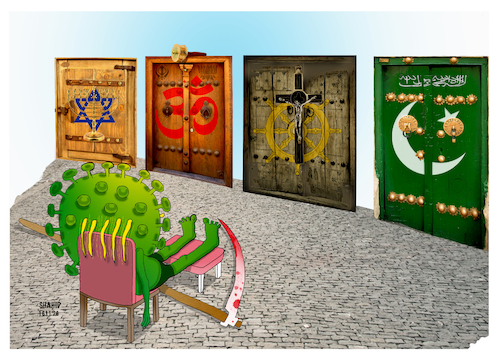 Cartoon: COVID Closed Religions Doors ! (medium) by Shahid Atiq tagged covid,19