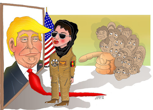 Cartoon: Female Afghan Pilot Controversy! (medium) by Shahid Atiq tagged trump,afghanistan,safi,shahid,bahar,ieba,rayian,castro,cuba,afghan,pilot