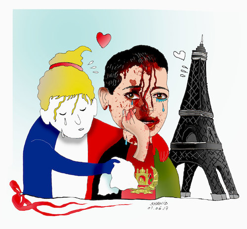 Cartoon: France pays tribute to kabul att (medium) by Shahid Atiq tagged afghanistan,balkh,helmand,kabul,nangarhar,attack