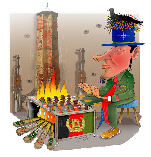 Cartoon: Ghazni in fire and blood! (medium) by Shahid Atiq tagged afghanistan,balkh,helmand,kabul,london,nangarhar,and,ghor,attack