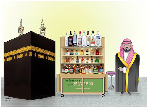 Cartoon: Open doors for alcohol! (medium) by Shahid Atiq tagged saudi