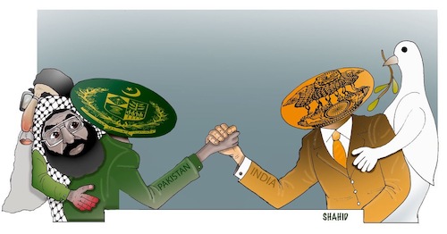Cartoon: The conflict between India and (medium) by Shahid Atiq tagged india
