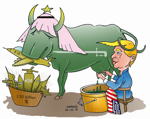 Cartoon: Trump and Milking Saudi ! (medium) by Shahid Atiq tagged afghanistan,balkh,helmand,kabul,nangarhar,attack