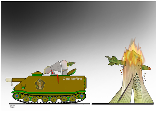 Cartoon: Trump Ceasefire ! (medium) by Shahid Atiq tagged iran