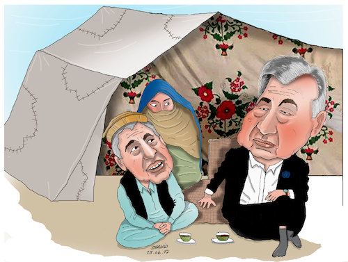 Cartoon: UN Secretary General in Kabul Af (medium) by Shahid Atiq tagged afghanistan,balkh,helmand,kabul,london,nangarhar,attack