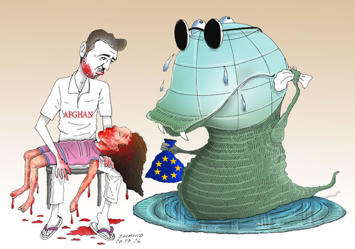 Cartoon: World is shedding tears (medium) by Shahid Atiq tagged afghanistan,kabul,syria,iran,switzerland,schweiz,usa,france,football,safi,cartooneu,uk,putin,erdogan,raiyan,shahid,kunduz