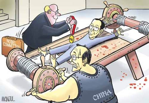 Cartoon: Liu Xiaobo Wins Nobel (medium) by manjul tagged manjul,editorial,cartoons,china,nobel,peace,prize
