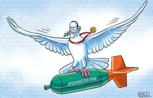 Cartoon: Obama (medium) by manjul tagged obama,nobel,afghanistan,manjul