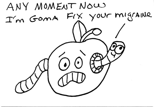 Cartoon: Gross But Cute-Number Eight (medium) by Deborah Leigh tagged grossbutcute,worm,apple,migraine,bw,drawing