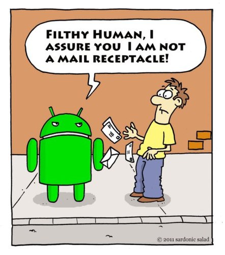 Cartoon: mistaken identity (medium) by sardonic salad tagged android,droid,cartoon,comic,mail,postage,sardonic,salad