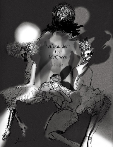 Cartoon: McQueen Tribute (medium) by lavi tagged alexander,mcqueen,tribute,lavi,liao,remember,rip,dark,black,and,white,stage,light,lighting,dramatic,drama,tragedy,sad,lee,fashion