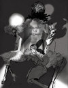 Cartoon: McQueen Tribute (small) by lavi tagged alexander,mcqueen,tribute,lavi,liao,remember,rip,dark,black,and,white,stage,light,lighting,dramatic,drama,tragedy,sad,lee,fashion