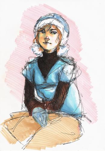 Cartoon: A girl in the cold (medium) by Laurie Mouret tagged copic,markers,sketch,winter,