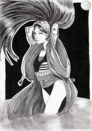 Cartoon: Night (medium) by Laurie Mouret tagged mechanical,pencil,kimono,night,pool,moon,black,