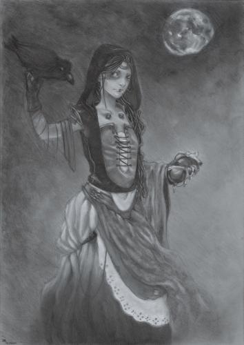 Cartoon: The heart-eating raven (medium) by Laurie Mouret tagged chalks,grey,paper,heart,raven,moon,girl,