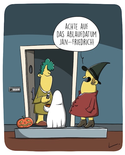 Cartoon: Ablaufdatum (medium) by SCHÖN BLÖD tagged thomas,luft,cartoonalarm,halloween,köstüm,hexe,verkleidung,gespenst,geist,abalufdatum,süßigkeiten,schokolade,thomas,luft,cartoonalarm,halloween,köstüm,hexe,verkleidung,gespenst,geist,abalufdatum,süßigkeiten,schokolade