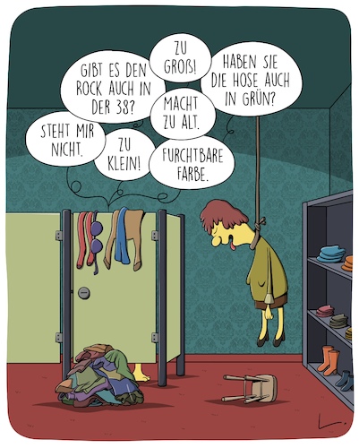 Cartoon: Ausweg (medium) by SCHÖN BLÖD tagged ausweg,erhängen,verkäuferin,shoppen,einkaufen,ausweg,erhängen,verkäuferin,shoppen,einkaufen