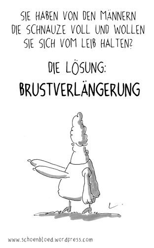 Cartoon: Brustverlängerung (medium) by SCHÖN BLÖD tagged schön,blöd,schoen,bloed,thomas,luft,cartoon,humor,comic,spaß,lustig,freude,lachen,comedy,lacher,brüller,zeichnung,sprechblase,karikatur,frau,brust,brüste,brustverlängerung,busen,mann,männer,abstand