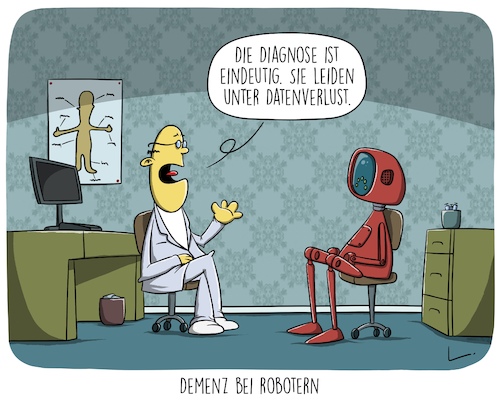 Cartoon: Datenverlust (medium) by SCHÖN BLÖD tagged thomas,luft,cartoonalarm,demenz,datenverlust,diagnose,arzt,roboter,thomas,luft,cartoonalarm,demenz,datenverlust,diagnose,arzt,roboter