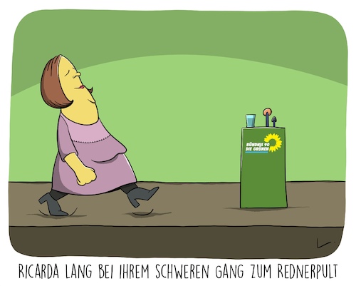 Cartoon: Der schwere Gang (medium) by SCHÖN BLÖD tagged thomas,luft,cartoon,lustig,humor,spaß,ricarda,lang,parteivorsitzende,die,grünen,politikerin,politik,rede,bühne,rednerpult,parteitag,thomas,luft,cartoon,lustig,humor,spaß,ricarda,lang,parteivorsitzende,die,grünen,politikerin,politik,rede,bühne,rednerpult,parteitag