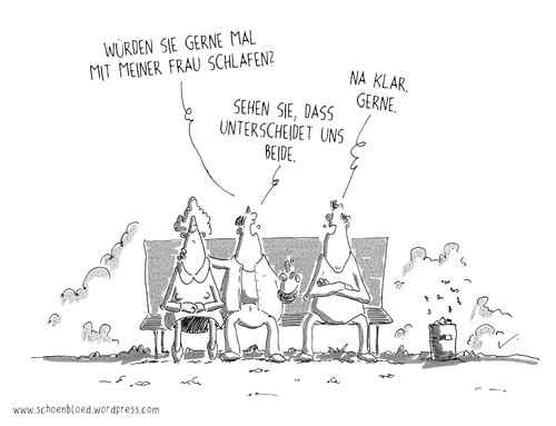 Cartoon: Der Unterschied (medium) by SCHÖN BLÖD tagged schön,blöd,schoen,bloed,thomas,luft,cartoon,humor,comic,spaß,lustig,freude,lachen,comedy,lacher,brüller,zeichnung,sprechblase,karikatur,unterschied,schlafen,mann,frau,beischlaf,geschlechtsverkehr,bank,ehepaar