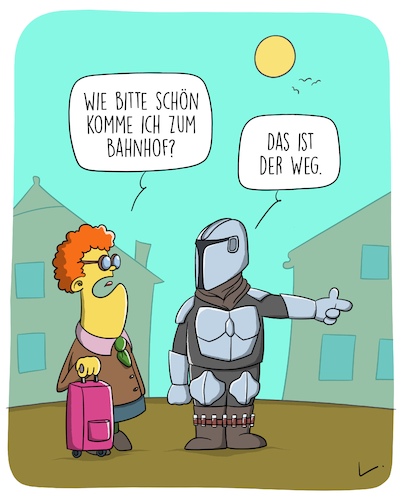 Cartoon: Der Weg (medium) by SCHÖN BLÖD tagged thomas,luft,cartoon,lustig,spaß,humor,weg,bahnhof,trolley,koffer,mandalorian,richtung,hinweis,route,thomas,luft,cartoon,lustig,spaß,humor,weg,bahnhof,trolley,koffer,mandalorian,richtung,hinweis,route